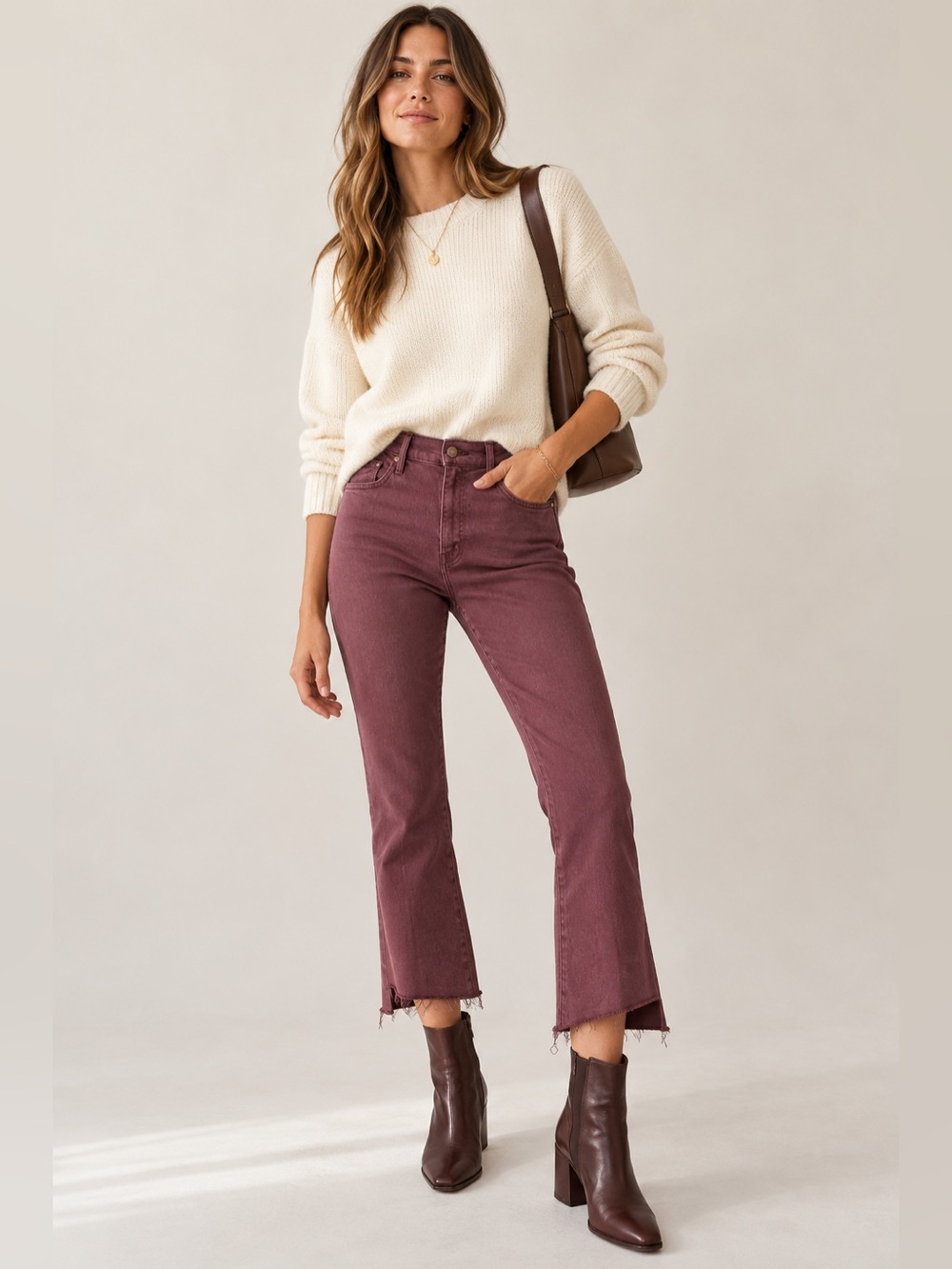 MOTHER The Insider Crop Step Fray Cats And Dogs in Mauve/Wine